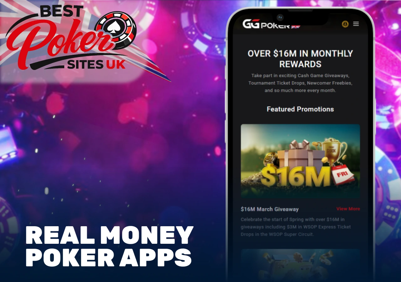 Real money poker app interface with GG Poker promotions on a mobile