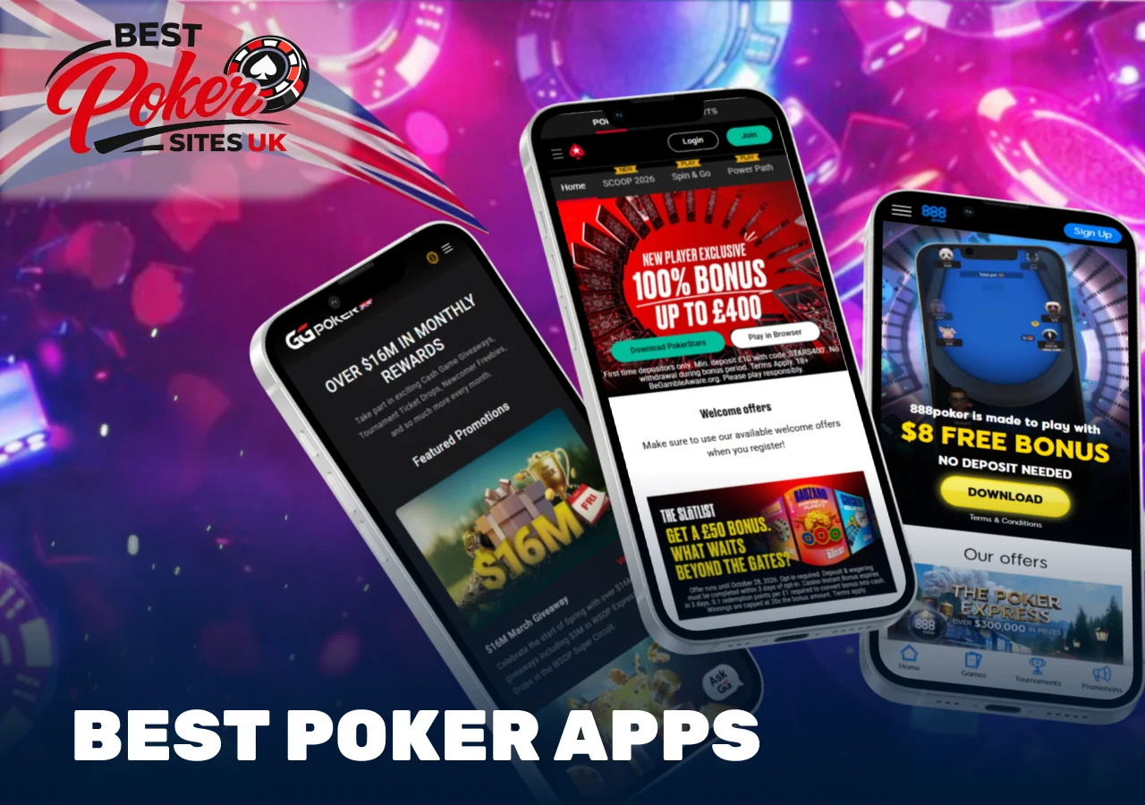 Best poker apps for real money shown on three mobile